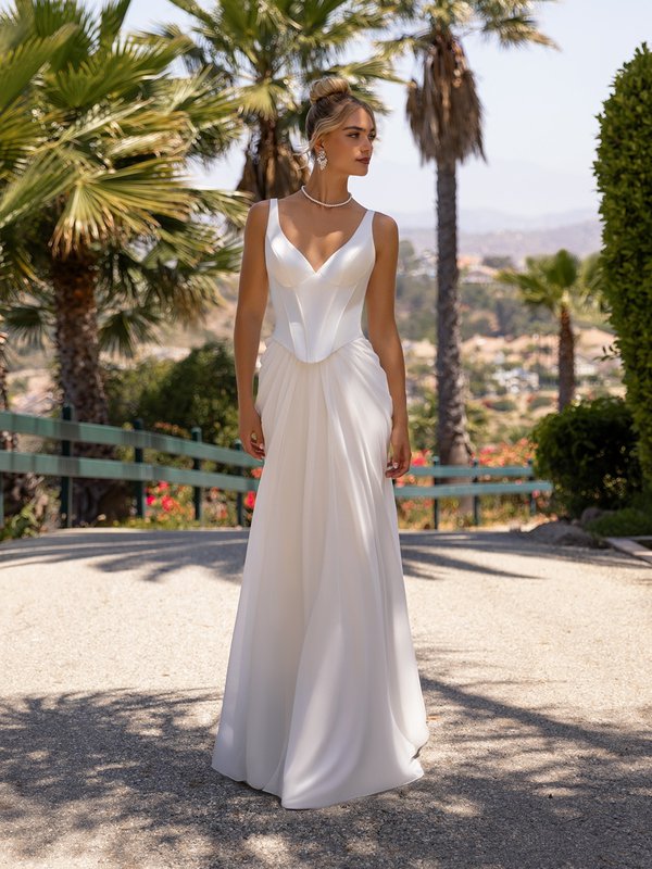 Moonlight Tango T210 Deep V-neck satin bodice with chiffon mermaid skirt with ruching at hips