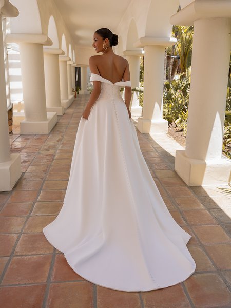 Open back double face crepe A-line dress with buttons to end of chapel train Moonlight Tango T211