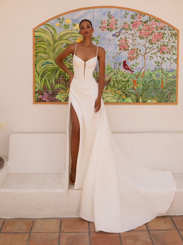 Pointed sweetheart with illusion inset and basque waist A-line with wrap skirt Moonlight Tango T213