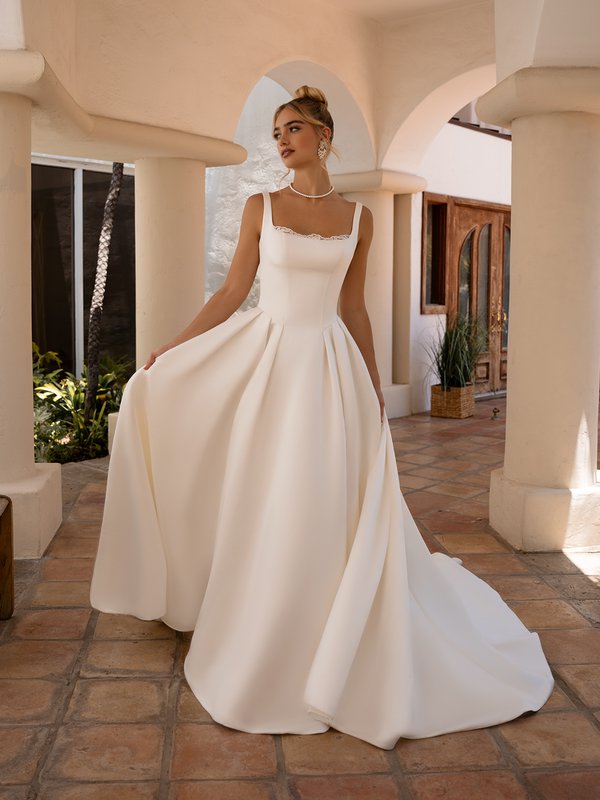 Moonlight Tango T214 Square neck with thick straps satin A-line wedding dress