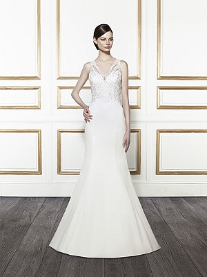Moonlight Tango T672 popular vintage illusion lace V-neck mermaid bridal dress with simple satin skirt Moonlight Tango T672 popular vintage illusion lace V-neck mermaid bridal dress with simple satin skirt