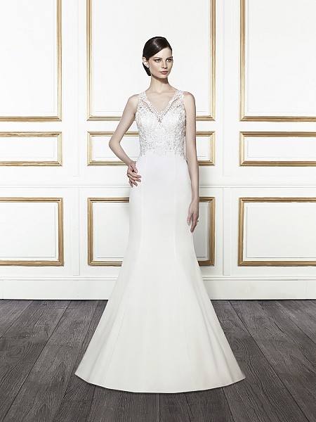 Moonlight Tango T672 popular vintage illusion lace V-neck mermaid bridal dress with simple satin skirt Moonlight Tango T672 popular vintage illusion lace V-neck mermaid bridal dress with simple satin skirt