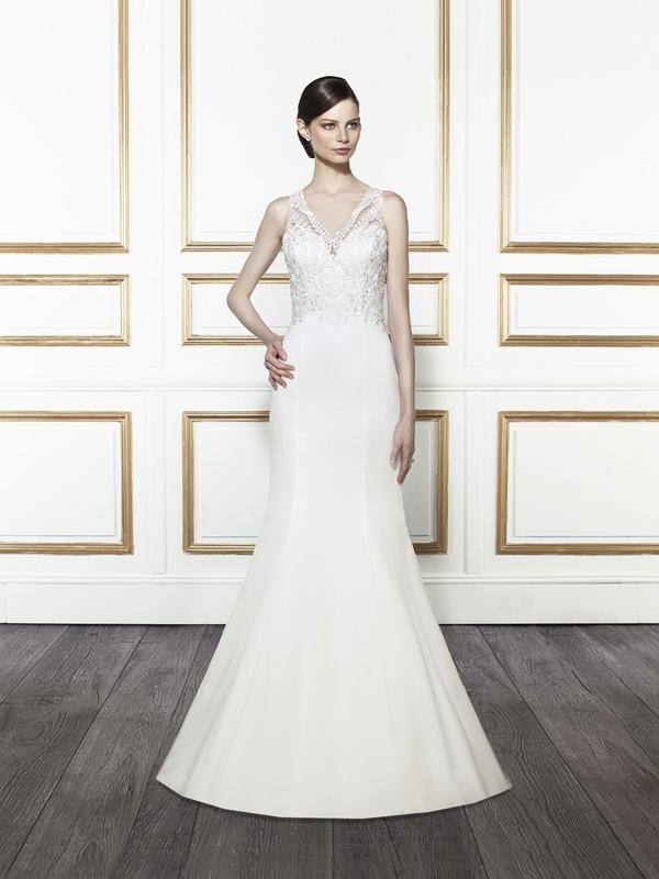 Moonlight Tango T672 popular vintage illusion lace V-neck mermaid bridal dress with simple satin skirt Moonlight Tango T672 popular vintage illusion lace V-neck mermaid bridal dress with simple satin skirt