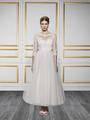 Moonlight Tango T728 couture designer blush tea length lace wedding dress with three quarter lace sleeves Moonlight Tango T728 couture designer blush tea length lace wedding dress with three quarter lace sleeves