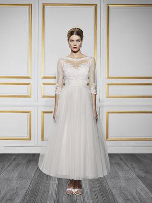 Moonlight Tango T728 couture designer blush tea length lace wedding dress with three quarter lace sleeves Moonlight Tango T728 couture designer blush tea length lace wedding dress with three quarter lace sleeves