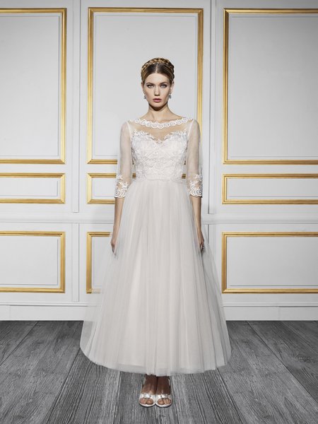 Moonlight Tango T728 couture designer blush tea length lace wedding dress with three quarter lace sleeves Moonlight Tango T728 couture designer blush tea length lace wedding dress with three quarter lace sleeves