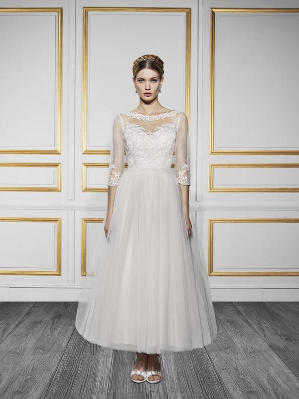 Moonlight Tango T728 couture designer blush tea length lace wedding dress with three quarter lace sleeves Moonlight Tango T728 couture designer blush tea length lace wedding dress with three quarter lace sleeves
