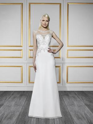 Moonlight Tango T730 sophisticated embroidered high neck wedding dress with a couture satin band for modern brides Moonlight Tango T730 sophisticated embroidered high neck wedding dress with a couture satin band for modern brides