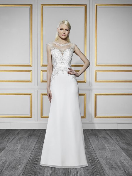 Moonlight Tango T730 sophisticated embroidered high neck wedding dress with a couture satin band for modern brides Moonlight Tango T730 sophisticated embroidered high neck wedding dress with a couture satin band for modern brides