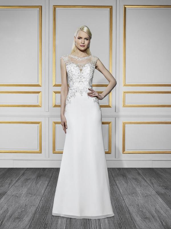 Moonlight Tango T730 sophisticated embroidered high neck wedding dress with a couture satin band for modern brides Moonlight Tango T730 sophisticated embroidered high neck wedding dress with a couture satin band for modern brides