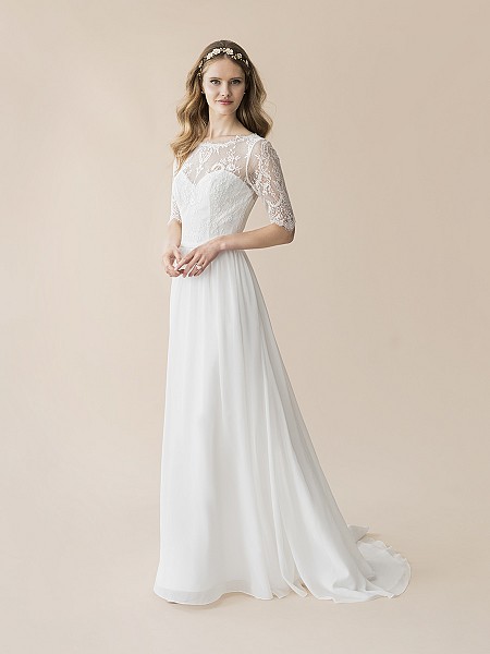 Moonlight Tango T802 Chantilly lace and chiffon A-line bohemian wedding gown with 3/4 sleeves Moonlight Tango T802 Chantilly lace and chiffon A-line bohemian wedding gown with 3/4 sleeves