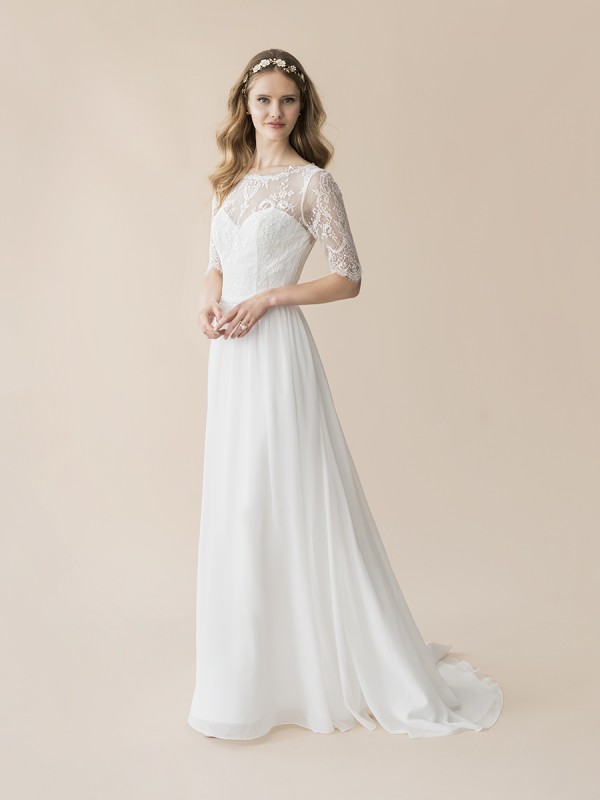 Moonlight Tango T802 Chantilly lace and chiffon A-line bohemian wedding gown with 3/4 sleeves Moonlight Tango T802 Chantilly lace and chiffon A-line bohemian wedding gown with 3/4 sleeves