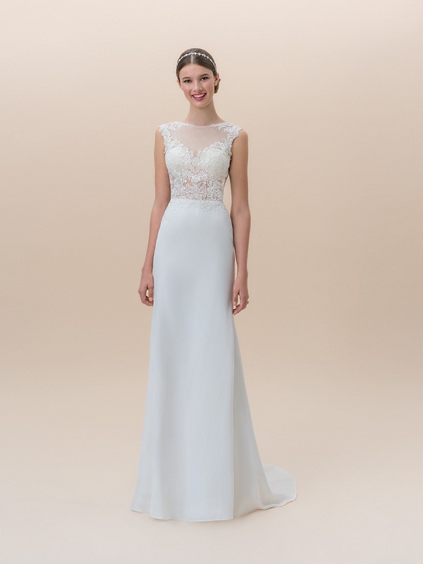 Moonlight Tango T824A sleek crepe back satin mermaid wedding dress with sheer unlined lace bodice Moonlight Tango T824A sleek crepe back satin mermaid wedding dress with sheer unlined lace bodice