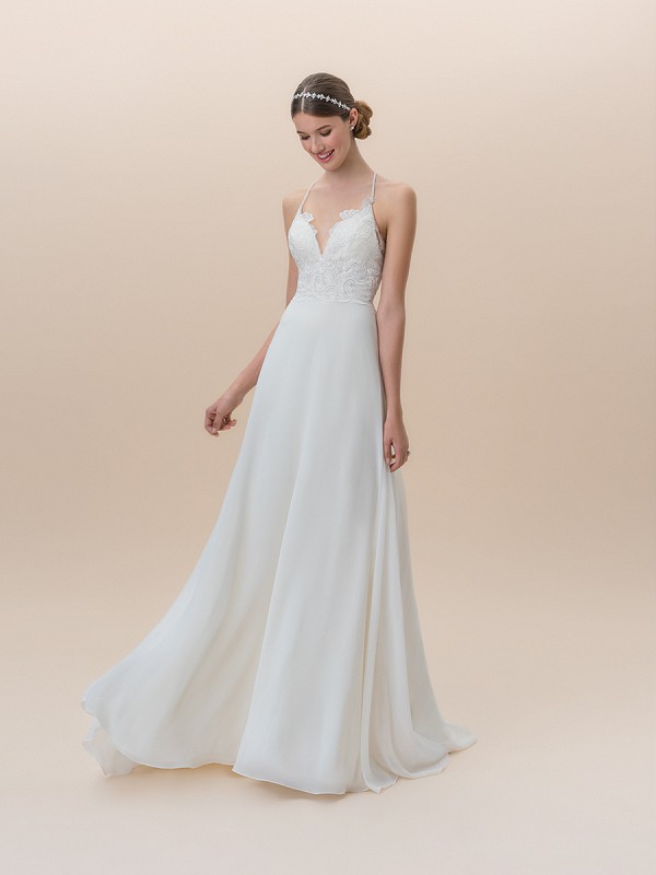 Moonlight Tango T825B casual care-free chiffon wedding dress with lace bodice and spaghetti straps Moonlight Tango T825B casual care-free chiffon wedding dress with lace bodice and spaghetti straps