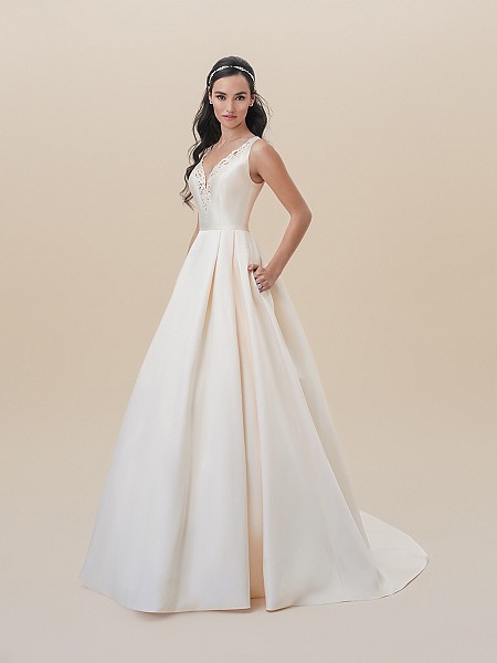 Moonlight Tango T827 sleek sleeveless battenberg lace V-neck Mikado A-line with full skirt and pockets Moonlight Tango T827 sleek sleeveless battenberg lace V-neck Mikado A-line with full skirt and pockets