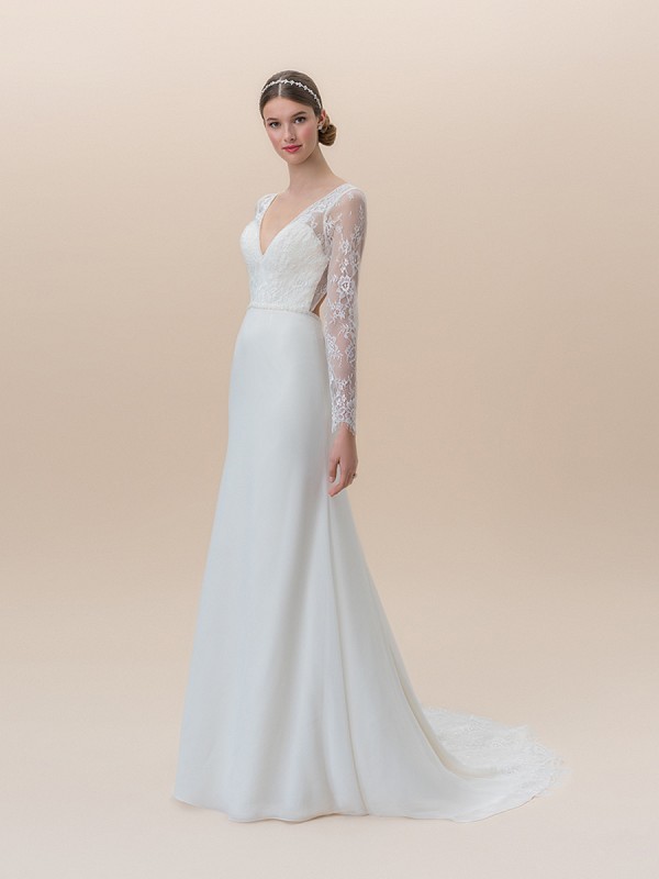Moonlight Tango T829 chiffon fit and flare deep V-neck wedding dress with long lace sleeves Moonlight Tango T829 chiffon fit and flare deep V-neck wedding dress with long lace sleeves