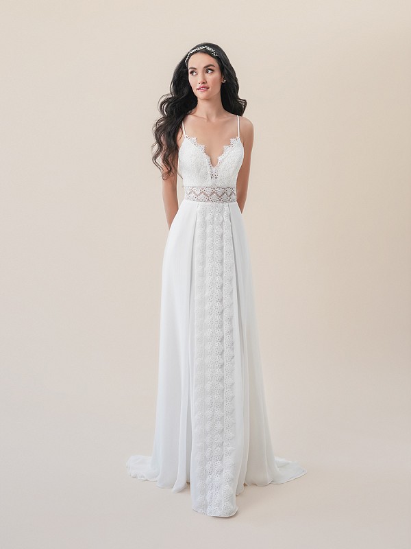 Moonlight Tango T830A boho beach A-line wedding dress with sheer illusion waist and chiffon overlay skirt Moonlight Tango T830A boho beach A-line wedding dress with sheer illusion waist and chiffon overlay skirt