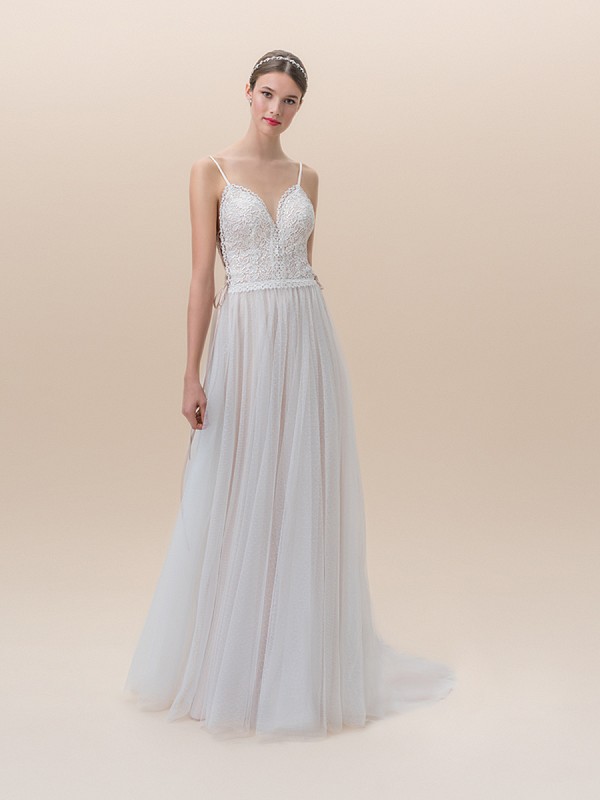 Moonlight Tango T833 lace A-line with flowing panel skirt overlay and cutout side panels with lace-ups Moonlight Tango T833 lace A-line with flowing panel skirt overlay and cutout side panels with lace-ups