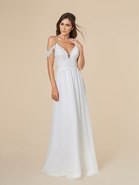 Moonlight Tango T842 chiffon and lattice net deep V-neck A-line bridal gown with swag sleeves in ivory Moonlight Tango T842 chiffon and lattice net deep V-neck A-line bridal gown with swag sleeves in ivory