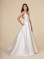 Moonlight Tango T844 ivory and gold mikado A-line bridal gown with deep V-neck and hidden side pockets