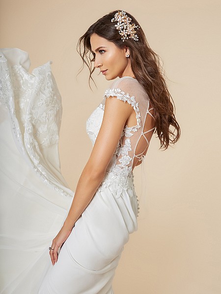 Moonlight Tango T846 sexy chiffon bridal gown with illusion cap sleeves and sexy lace-up back Moonlight Tango T846 sexy chiffon bridal gown with illusion cap sleeves and sexy lace-up back