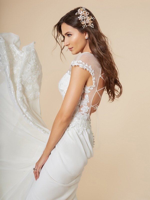Moonlight Tango T846 sexy chiffon bridal gown with illusion cap sleeves and sexy lace-up back Moonlight Tango T846 sexy chiffon bridal gown with illusion cap sleeves and sexy lace-up back
