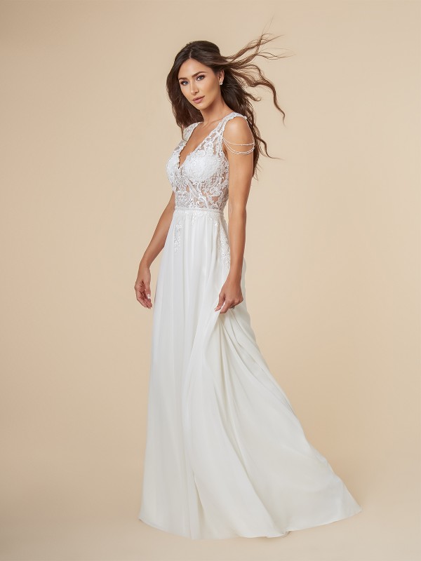 Moonlight Tango T849 ivory lace and chiffon A-line bridal gown with see-through deep V-neck bodice Moonlight Tango T849 ivory lace and chiffon A-line bridal gown with see-through deep V-neck bodice