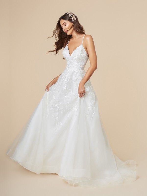 Moonlight Tango T850 destination bridal ball gown with V-neck and thin straps with horsehair trim hem Moonlight Tango T850 destination bridal ball gown with V-neck and thin straps with horsehair trim hem