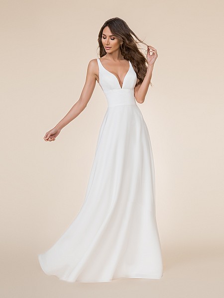 Moonlight Tango T864 simple and elegant deep V-neck crepe back satin A-line bridal gown