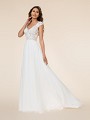 Moonlight Tango T865 re-embroidered lace appliques over unlined bodice A-line bridal gown with deep V-neck