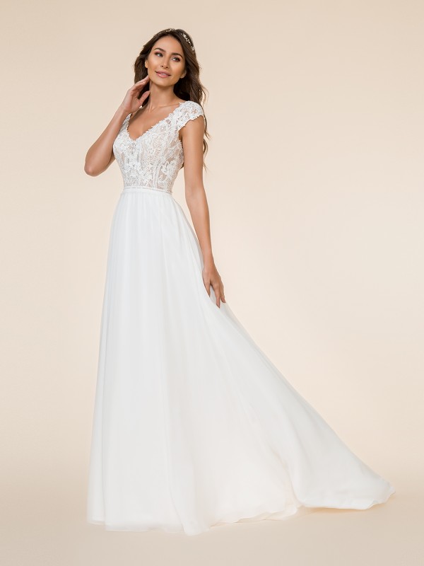 Moonlight Tango T865 re-embroidered lace appliques over unlined bodice A-line bridal gown with deep V-neck Moonlight Tango T865 re-embroidered lace appliques over unlined bodice A-line bridal gown with deep V-neck