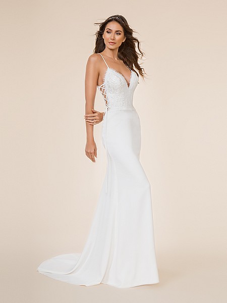 Moonlight Tango T867 soft and delicate crepe back satin mermaid gown with deep V-neck and lace-up side bodice Moonlight Tango T867 soft and delicate crepe back satin mermaid gown with deep V-neck and lace-up side bodice