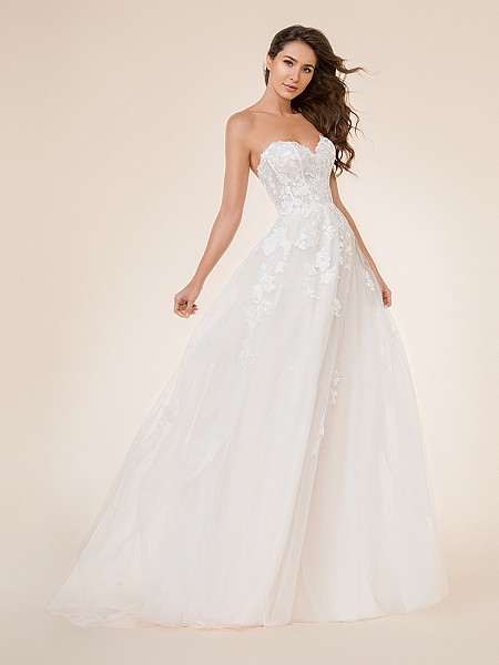 Moonlight Tango T868 strapless unlined sweetheart A-line bridal gown with lace appliques over lace fabric Moonlight Tango T868 strapless unlined sweetheart A-line bridal gown with lace appliques over lace fabric