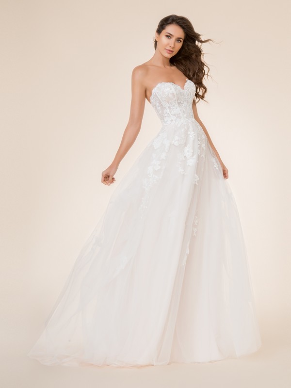 Moonlight Tango T868 strapless unlined sweetheart A-line bridal gown with lace appliques over lace fabric