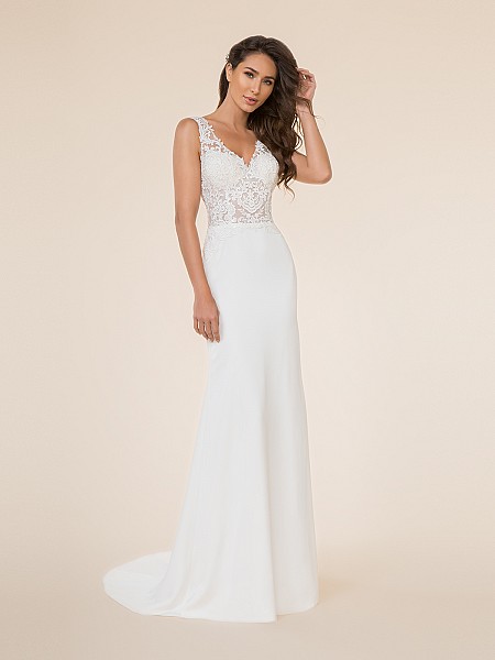 Moonlight Tango T870 boho-inspired unlined V-neck re-embroidered lace applique bodice with crepe back satin mermaid bridal gown Moonlight Tango T870 boho-inspired unlined V-neck re-embroidered lace applique bodice with crepe back satin mermaid bridal gown