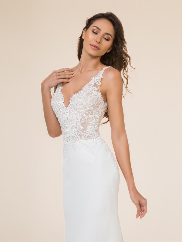 Moonlight Tango T871 sexy sleeveless deep V-neck unlined bodice with lace appliques and crepe back satin skirt