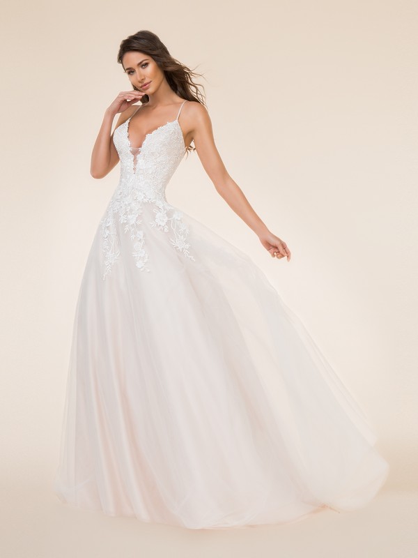 Moonlight Tango T872 elegant lace appliques over tulle full A-line bridal gown with deep V-neck and thin straps Moonlight Tango T872 elegant lace appliques over tulle full A-line bridal gown with deep V-neck and thin straps