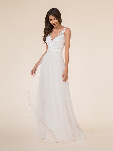 Moonlight Tango T873 bohemian soft net V-neck bridal gown with re-embroidered lace appliques and simple beading Moonlight Tango T873 bohemian soft net V-neck bridal gown with re-embroidered lace appliques and simple beading