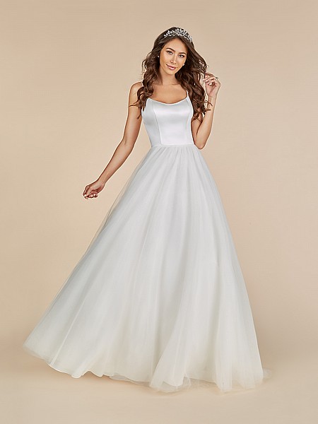 Moonlight Tango T883 A-line wedding gown with scoop neckline and sparkle tulle skirt Moonlight Tango T883 A-line wedding gown with scoop neckline and sparkle tulle skirt