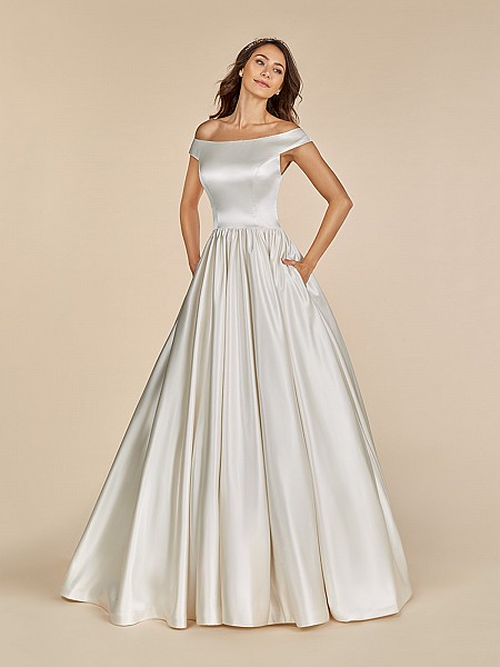 Moonlight Tango T886 satin ball gown with off the shoulder cap sleeves and side pockets Moonlight Tango T886 satin ball gown with off the shoulder cap sleeves and side pockets