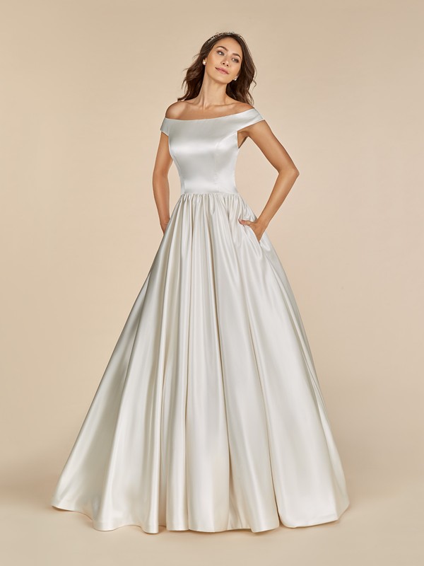 Moonlight Tango T886 satin ball gown with off the shoulder cap sleeves and side pockets Moonlight Tango T886 satin ball gown with off the shoulder cap sleeves and side pockets