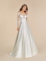 Moonlight Tango T887 satin wedding dress with high bateau neckline and long lace sleeves  