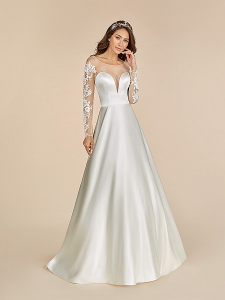 Moonlight Tango T887 satin wedding dress with high bateau neckline and long lace sleeves Moonlight Tango T887 satin wedding dress with high bateau neckline and long lace sleeves