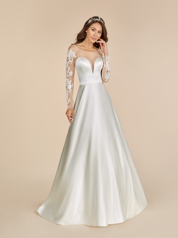 Moonlight Tango T887 satin wedding dress with high bateau neckline and long lace sleeves Moonlight Tango T887 satin wedding dress with high bateau neckline and long lace sleeves
