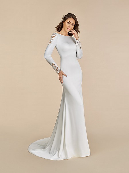 Moonlight Tango T892 crepe back satin wedding dress with sabrina neckline and long sleeves 