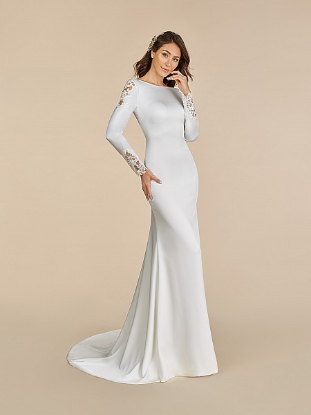 Moonlight Tango T892 crepe back satin wedding dress with sabrina neckline and long sleeves Moonlight Tango T892 crepe back satin wedding dress with sabrina neckline and long sleeves