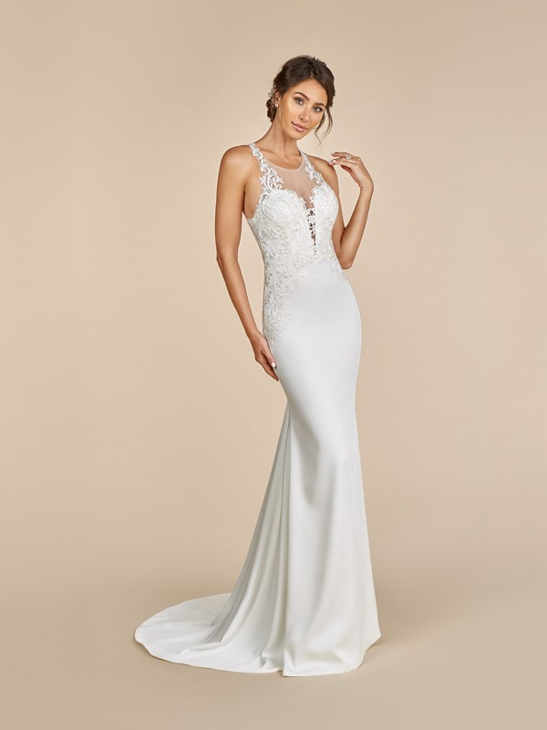 Moonlight Tango T893 crepe back satin mermaid gown with illusion scoop neck 
