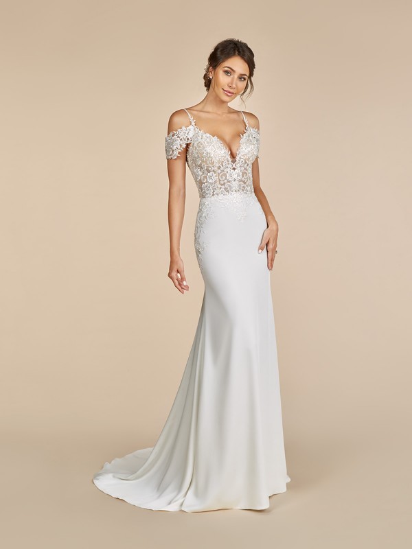Moonlight Tango T894 crepe back satin sweetheart neckline dress with off the shoulder sleeves and lace straps 