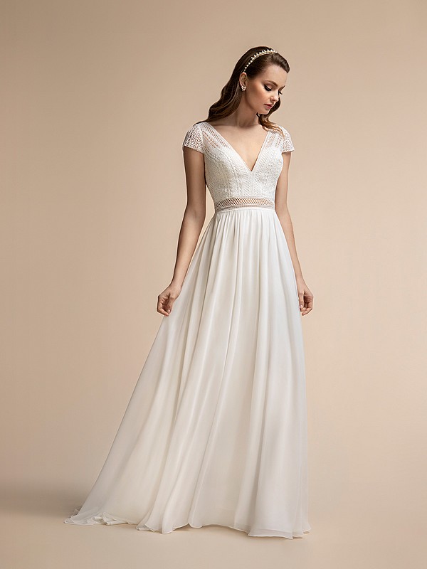 Boho Lace V-neck Chiffon Wedding Dress with Short Sleeves Moonlight T903 Boho Lace V-neck Chiffon Wedding Dress with Short Sleeves Moonlight T903