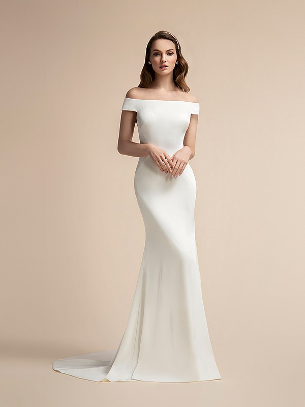Sexy Crepe Mermaid Wedding Dress with Off-the-Shoulder Sleeves Moonlight T904 Sexy Crepe Mermaid Wedding Dress with Off-the-Shoulder Sleeves Moonlight T904